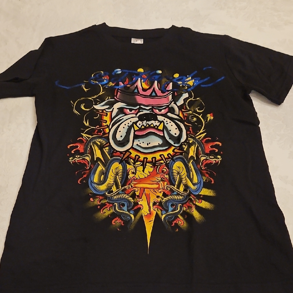 Graphic Ed Hardy Black T-Shirt with Bulldog Colorful Design.  Kids L